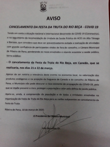 CANCELAMENTO DA FESTA DA TRUTA DO RIO BEÇA - COVID 19